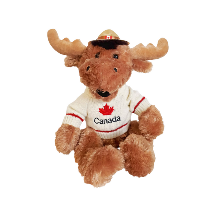 Happy Moose with Plush Canada sweater 15" wearing off-white sweater and RCMP-style hat with Canadian flag.