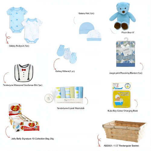 Hello Baby Boy Gift Basket contents displayed individually: blue bodysuit, hat, mittens, plush bear, gentleman bib, receiving blanket, washcloths, bath book, Jelly Belly candy and bamboo basket.