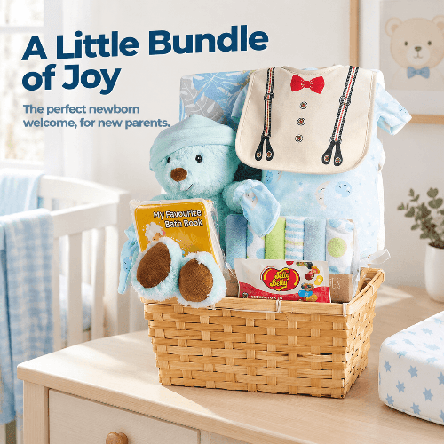 Hello Baby Boy gift basket on a nursery dresser with a blue plush bear, baby clothing, gentleman bib, washcloths, bath book and candy, beside “A Little Bundle of Joy” text.