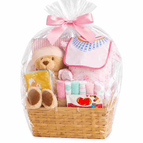 Bundle of Joy Baby Girl Gift Basket - 10-Piece Set showcasing baby essentials and a cuddly tan bear.