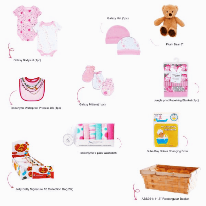 Bundle of Joy Baby Girl Gift Basket - 10-Piece Set featuring clothing, plush bear, washcloths, and more.