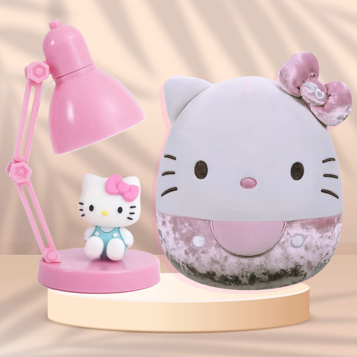 Hello Kitty-themed lamp and figurine on a beige background