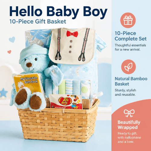 Hello Baby Boy gift basket with a blue plush bear, baby clothing, bib, washcloths, bath book and candy, alongside text highlighting the bamboo basket and cellophane-and-bow presentation.