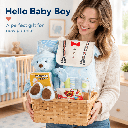 Smiling woman holding the Hello Baby Boy gift basket in a nursery, featuring a blue plush bear, baby clothing, bib, washcloths, bath book and candy in a bamboo basket.