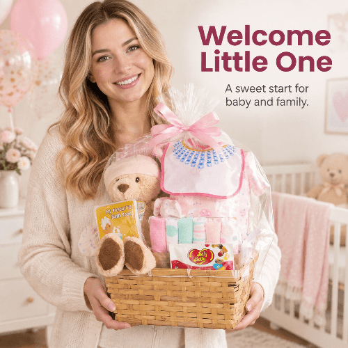 Bundle of Joy Baby Girl Gift Basket - 10-Piece Set with cute bear and baby essentials in a wicker basket.
