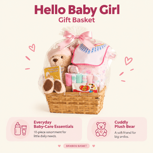 Bundle of Joy Baby Girl Gift Basket - 10-Piece Set in a bamboo basket, featuring baby essentials and a cuddly plush bear.