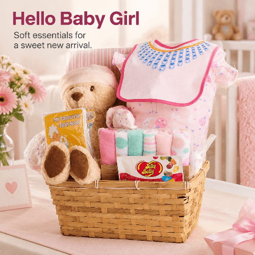 Bundle of Joy Baby Girl Gift Basket - 10-Piece Set featuring baby essentials and a teddy bear.
