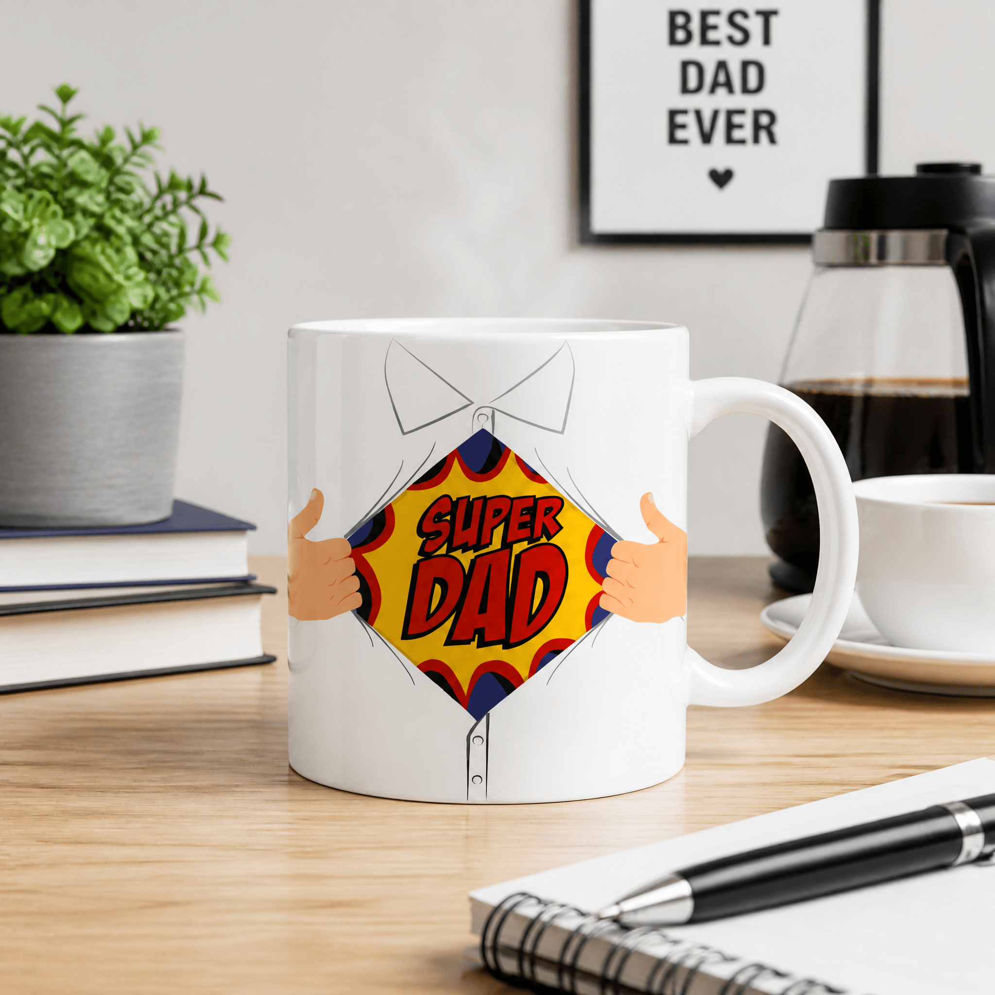 Hero Dad Heat Change Mug featuring a fun Super Dad design, perfect for coffee or tea.