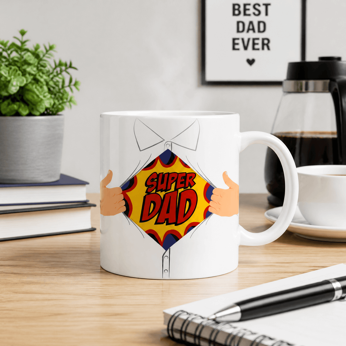 Hero Dad Heat Change Mug featuring a fun Super Dad design, perfect for coffee or tea.