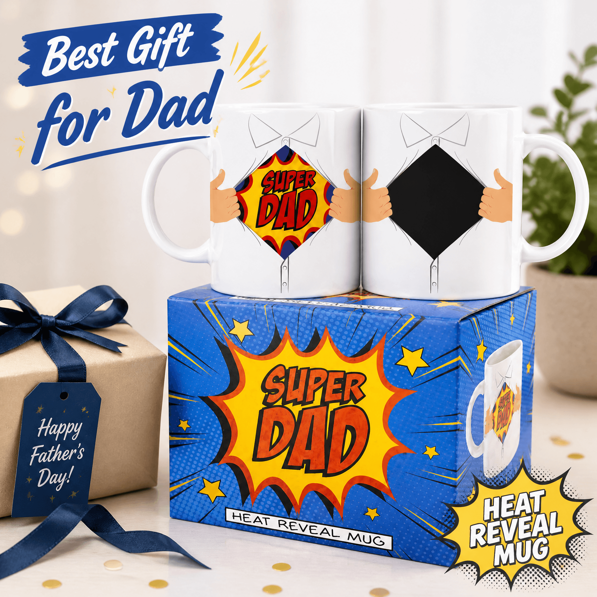 Hero Dad Heat Change Mug displayed with superhero design, perfect gift for Dad on Father's Day.