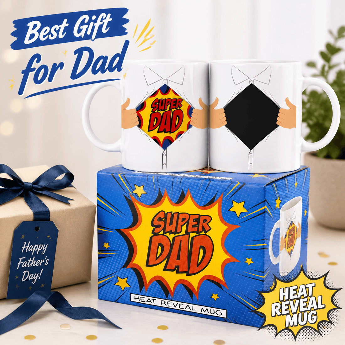 Hero Dad Heat Change Mug displayed with superhero design, perfect gift for Dad on Father's Day.