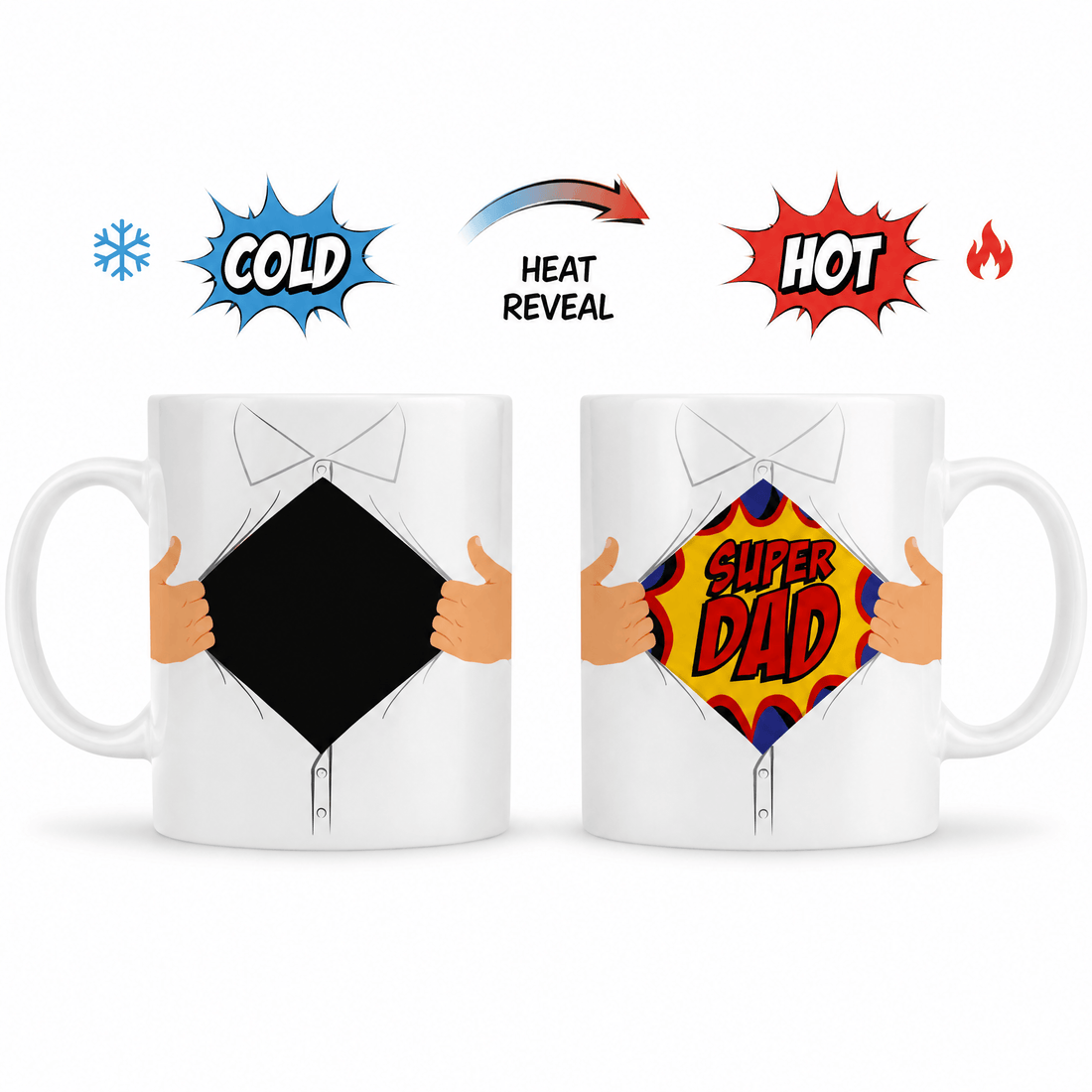 Hero Dad Heat Change Mug showing cold and hot reveal with superhero Super Dad design.