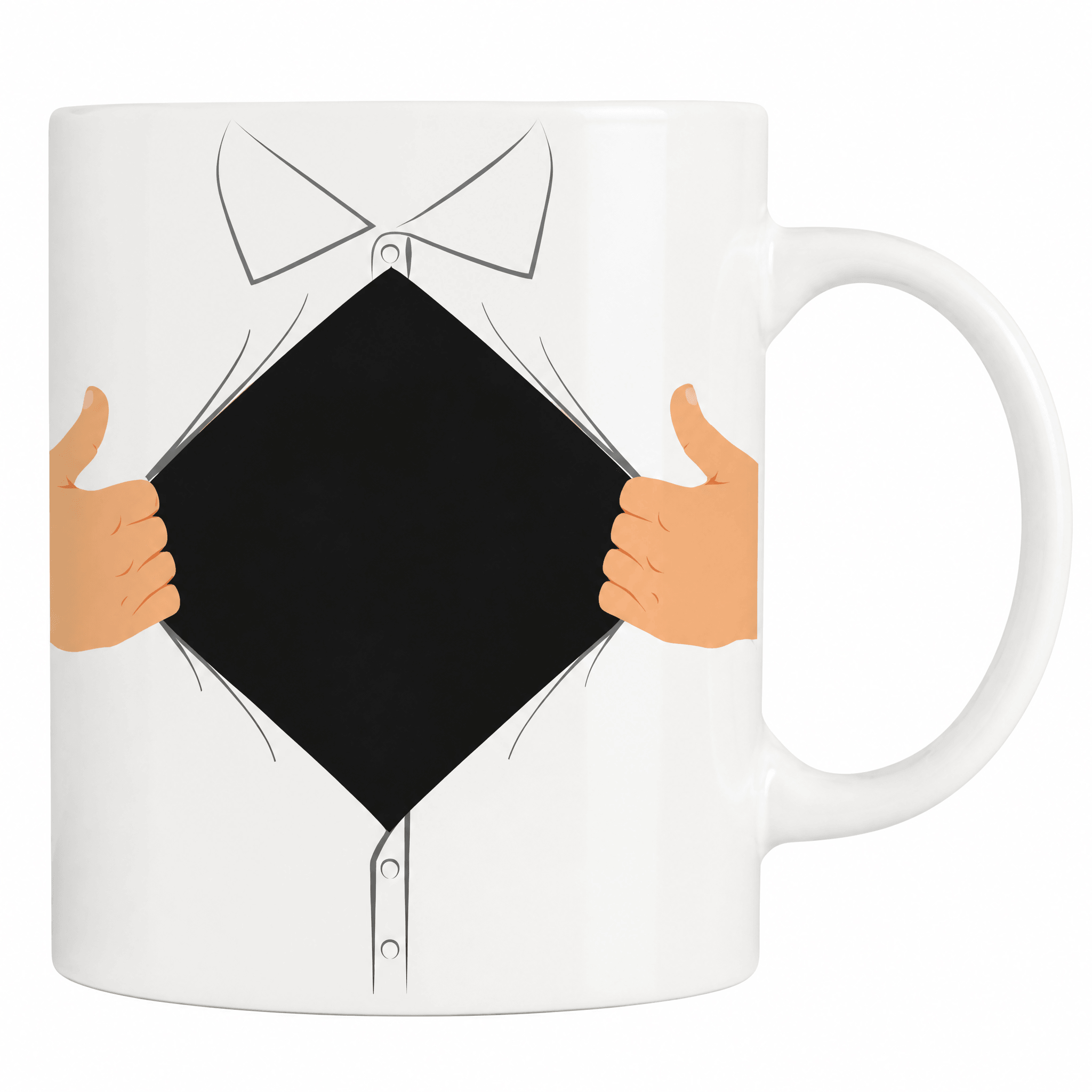 Hero Dad Heat Change Mug features a fun design with hands pulling open a shirt, perfect gift for dads.