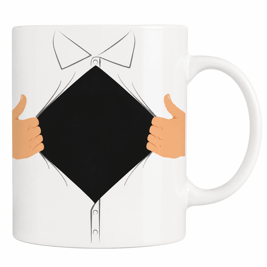 Hero Dad Heat Change Mug features a fun design with hands pulling open a shirt, perfect gift for dads.