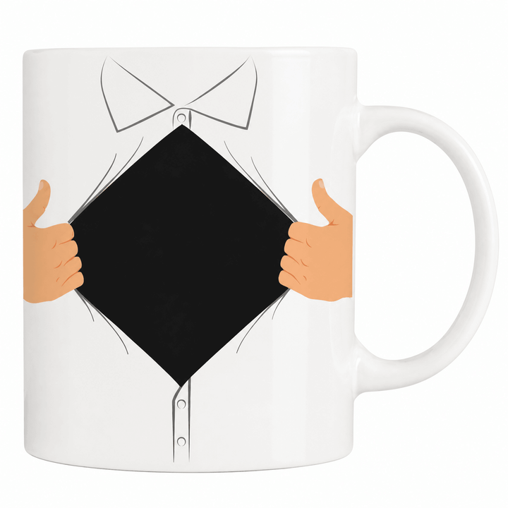 Hero Dad Heat Change Mug features a fun design with hands pulling open a shirt, perfect gift for dads.