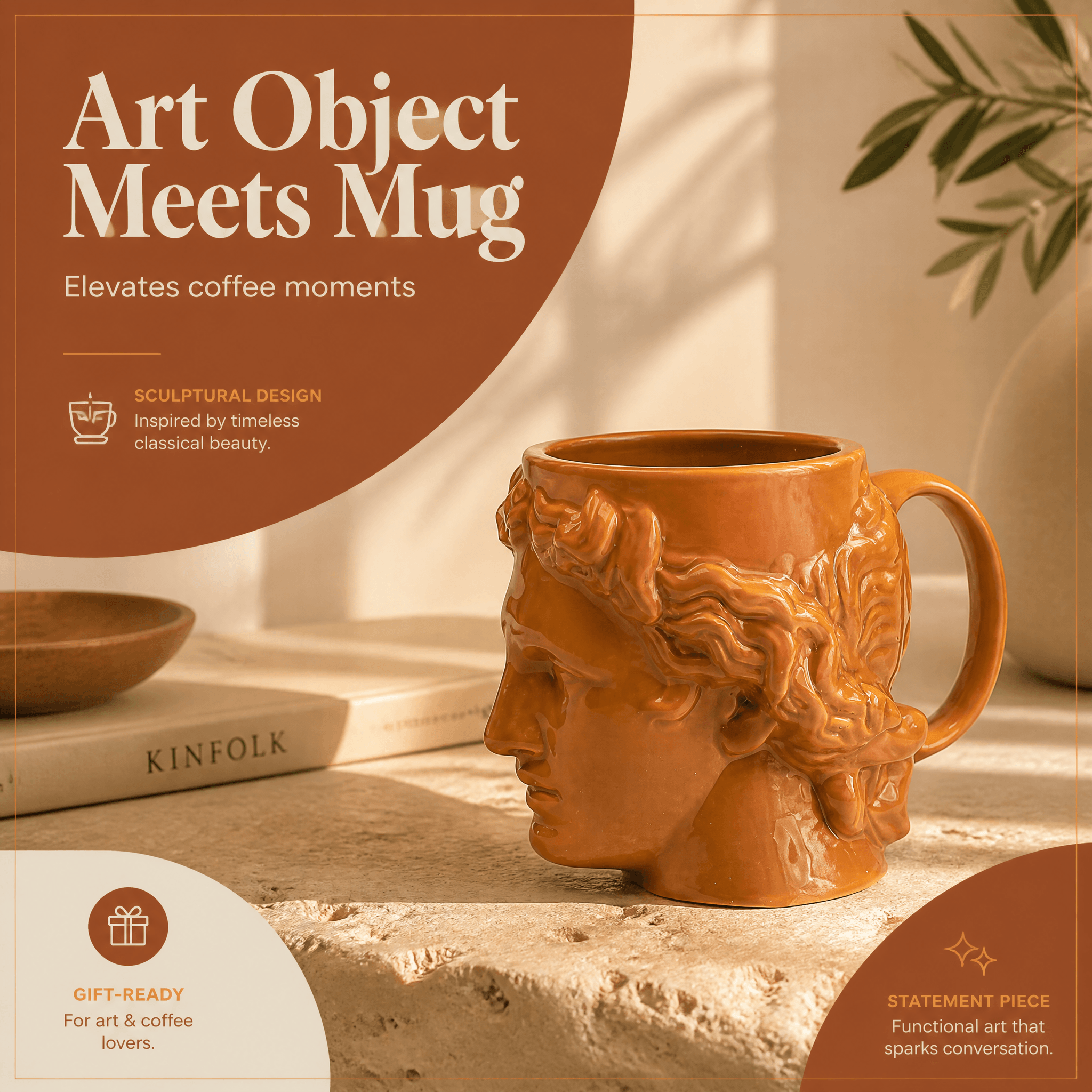 Hestia Terracotta Mug showcasing sculptural design and classic beauty for coffee lovers.