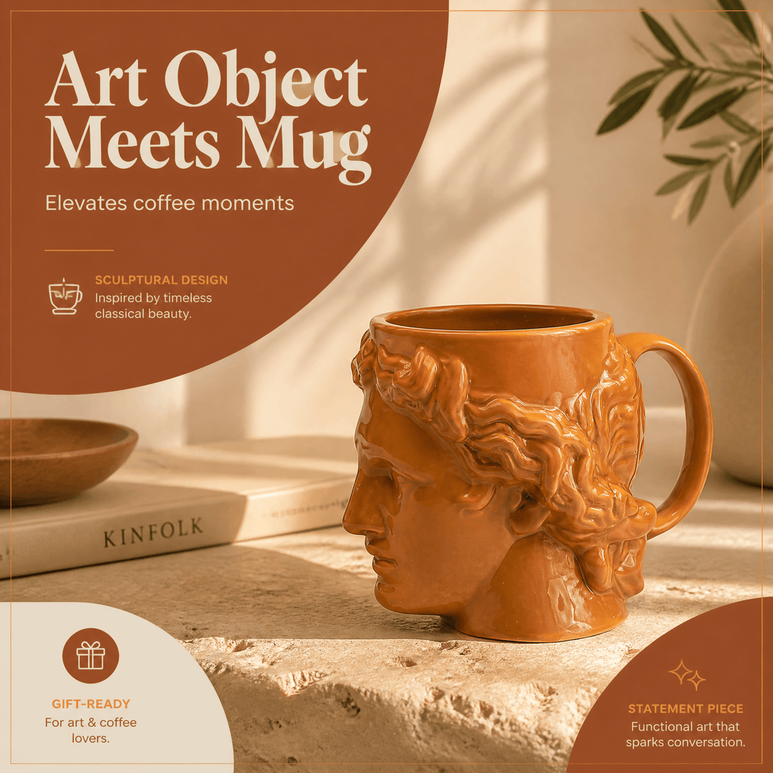 Hestia Terracotta Mug showcasing sculptural design and classic beauty for coffee lovers.