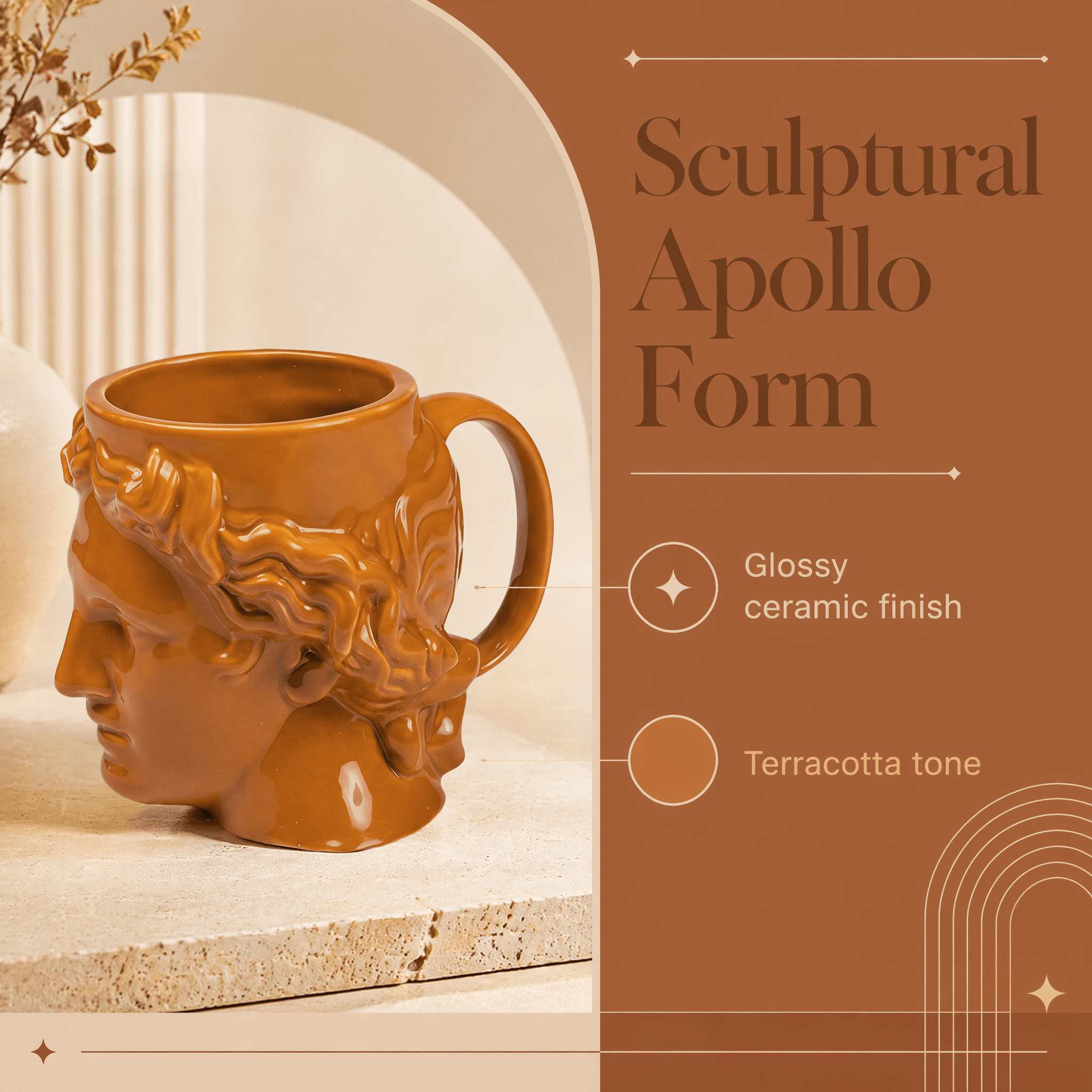 Hestia Terracotta Mug showcasing sculptural Apollo form with glossy ceramic finish and warm terracotta tone.