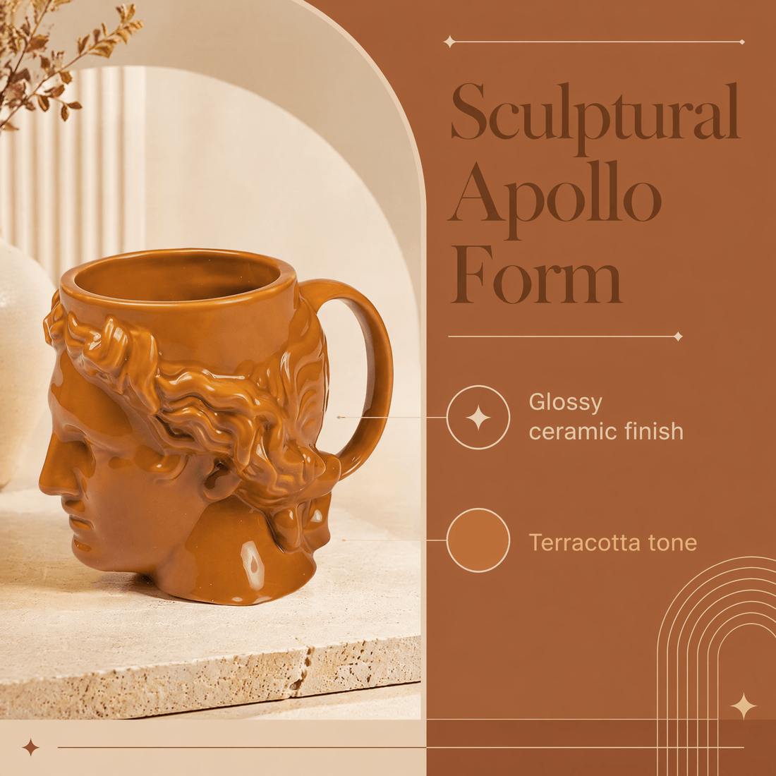 Hestia Terracotta Mug showcasing sculptural Apollo form with glossy ceramic finish and warm terracotta tone.