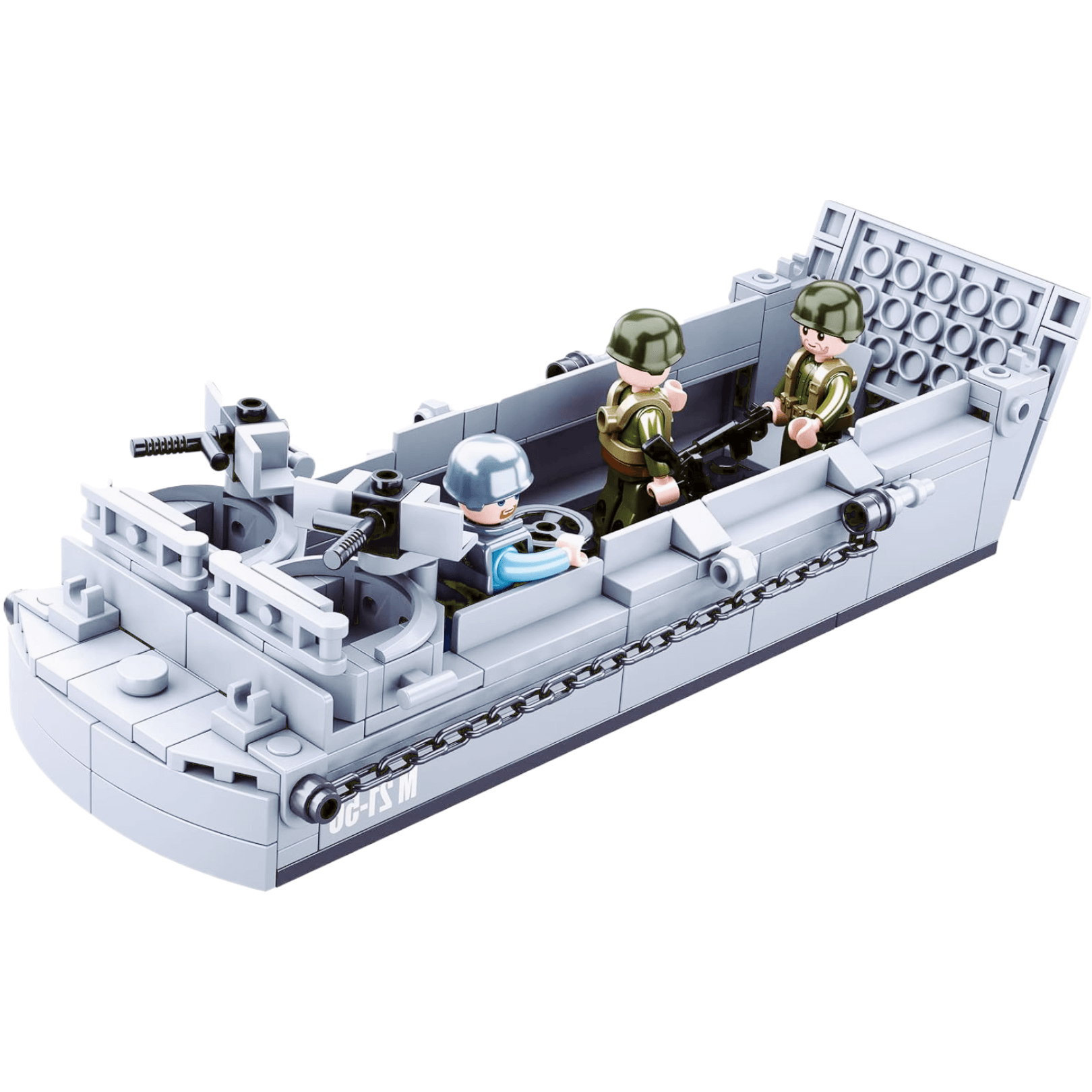Sluban WW2 Higgins Landing Craft Building Set – 182 Pcs featuring mini-figures in an iconic military landing craft.