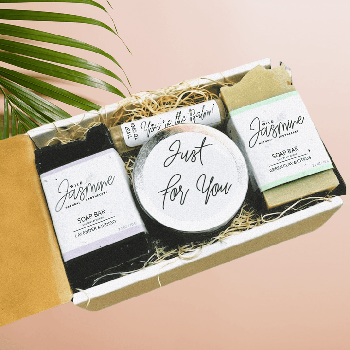 Gift set with soap bars and a coaster labeled 'Just For You' on a beige background.