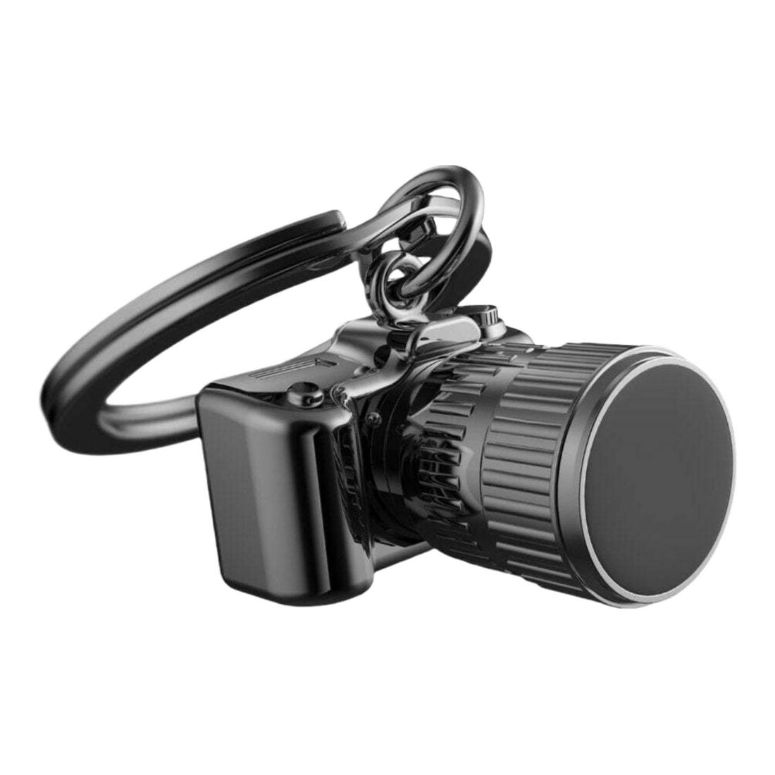 Black metal keychain with a cylindrical design on a white background