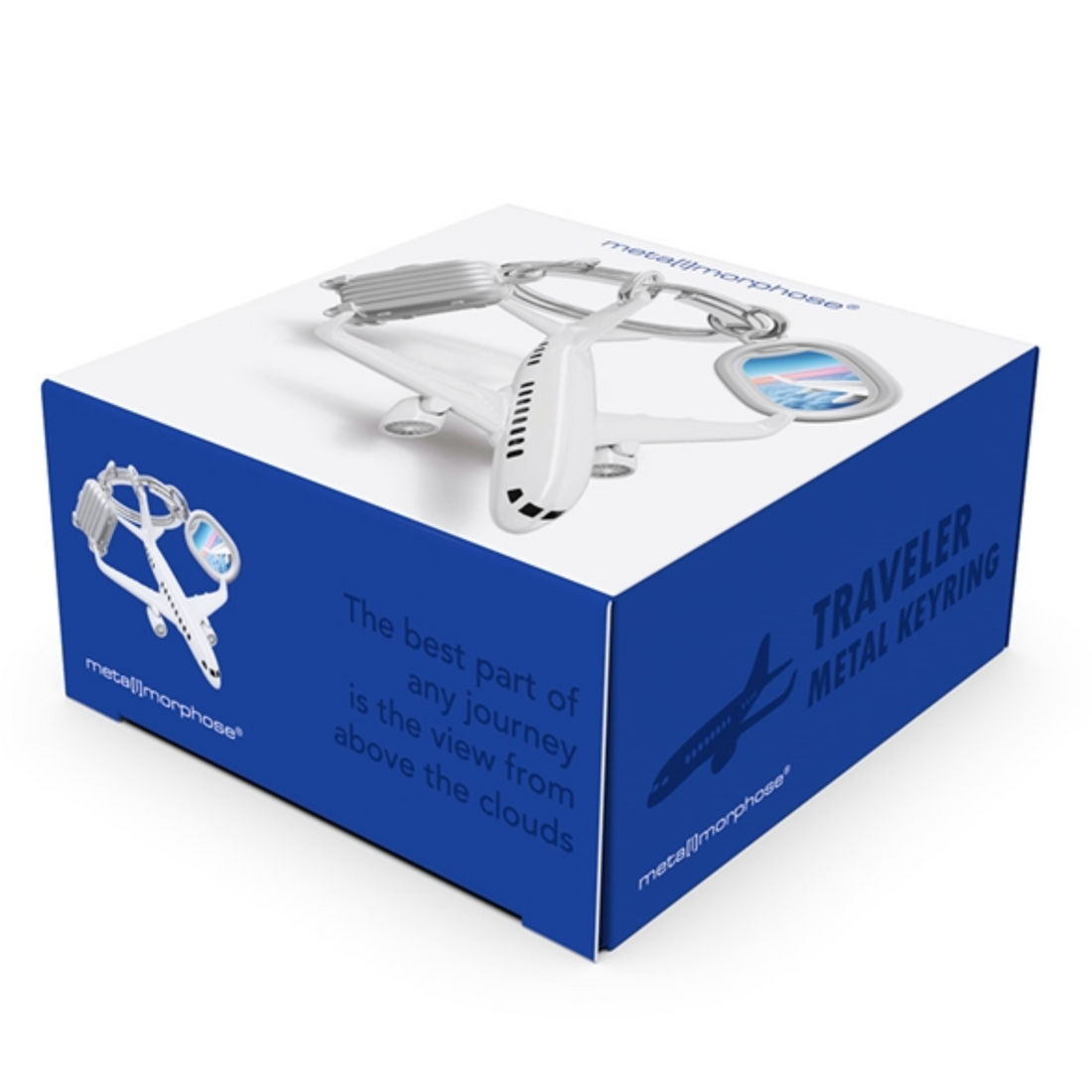 Blue box with a metal keyring design on a white background