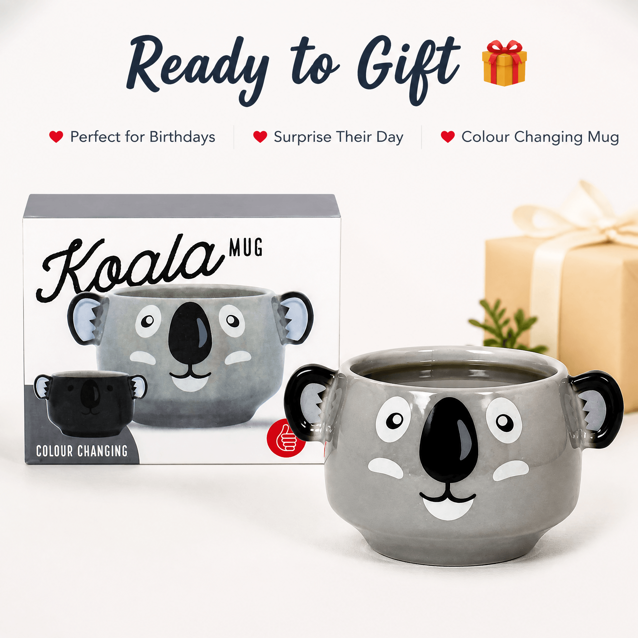 Koala Heat Change Mug displayed with its packaging, showcasing its cute design and color-changing feature, perfect for gifting.