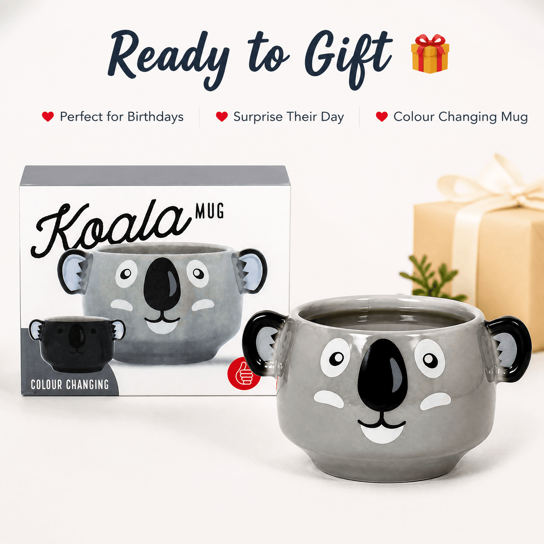 Koala Heat Change Mug displayed with its packaging, showcasing its cute design and color-changing feature, perfect for gifting.