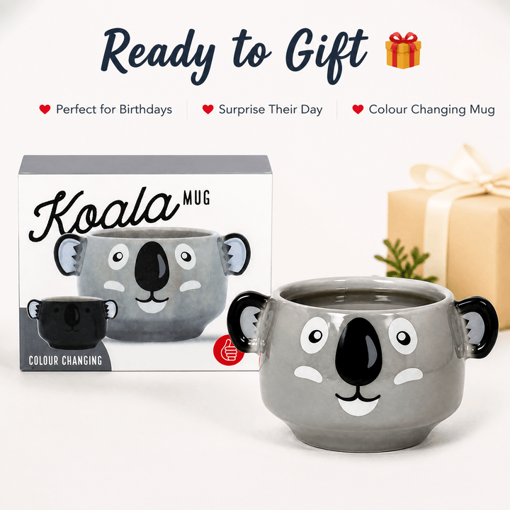 Koala Heat Change Mug displayed with its packaging, showcasing its cute design and color-changing feature, perfect for gifting.