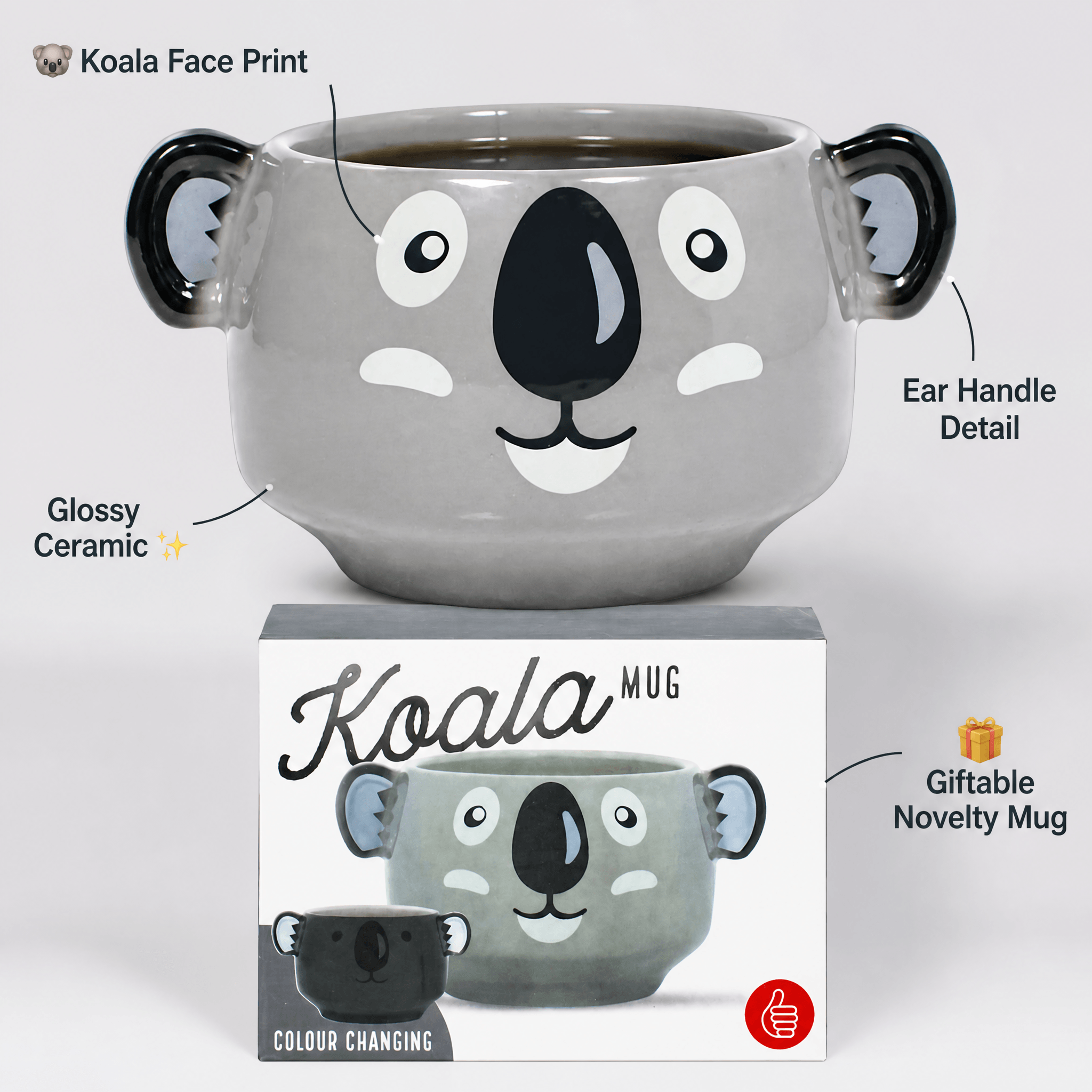 Koala Heat Change Mug featuring glossy ceramic, adorable koala face print, and ear handles, ideal for gifts and home decor.