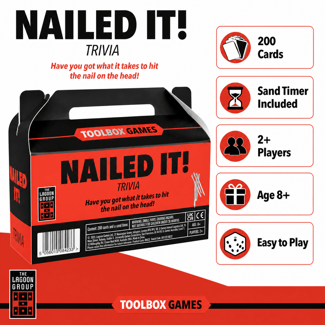 Lagoon Nailed It Trivia Game packaging featuring trivia cards, sand timer, and game details for DIY enthusiasts.