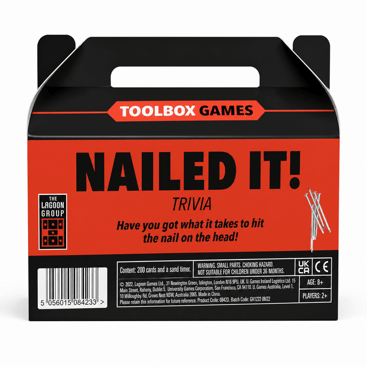 Lagoon Nailed It Trivia Game box featuring 'NAILED IT! TRIVIA' title and warning details.