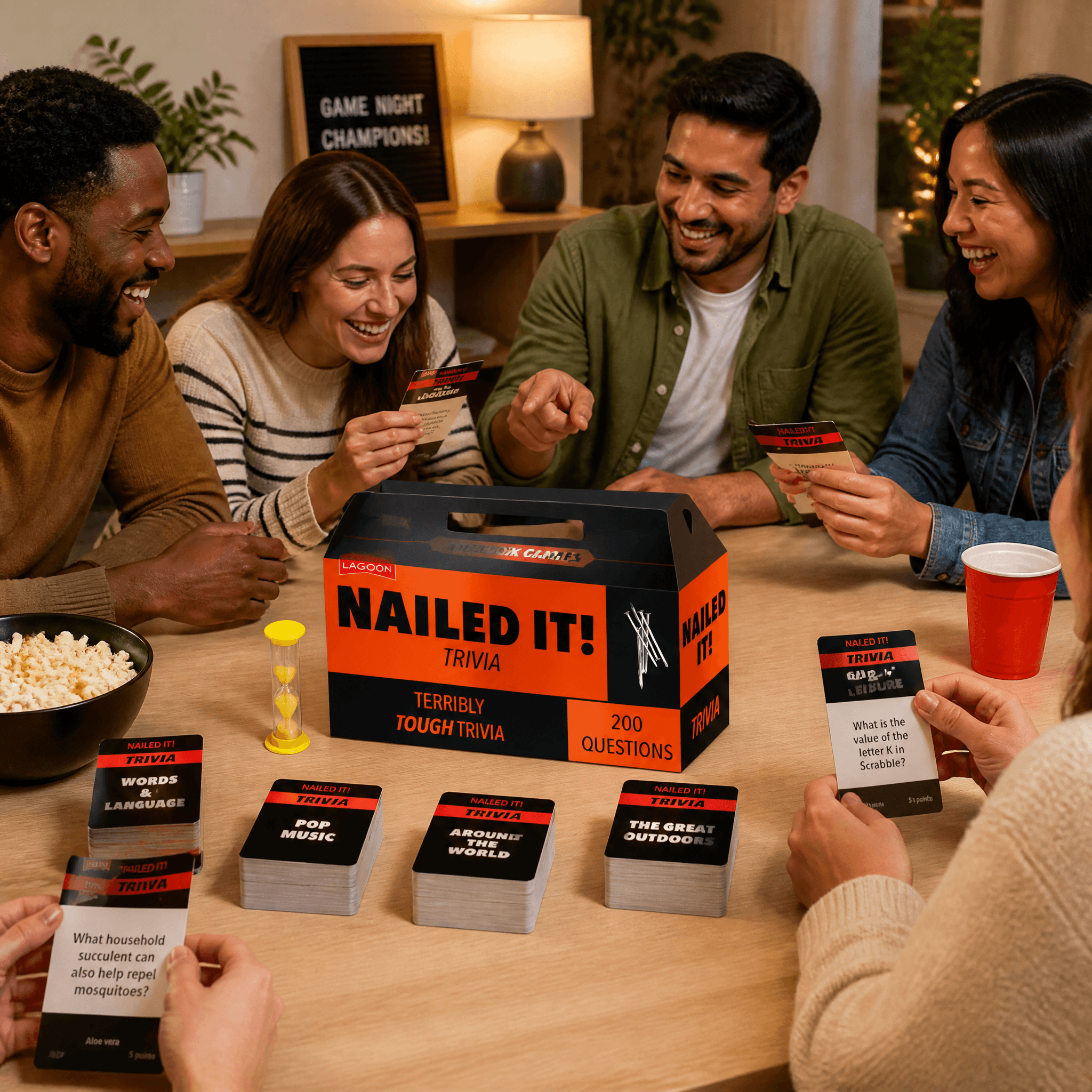 Group enjoying the Lagoon Nailed It Trivia Game with cards and laughter at a game night.