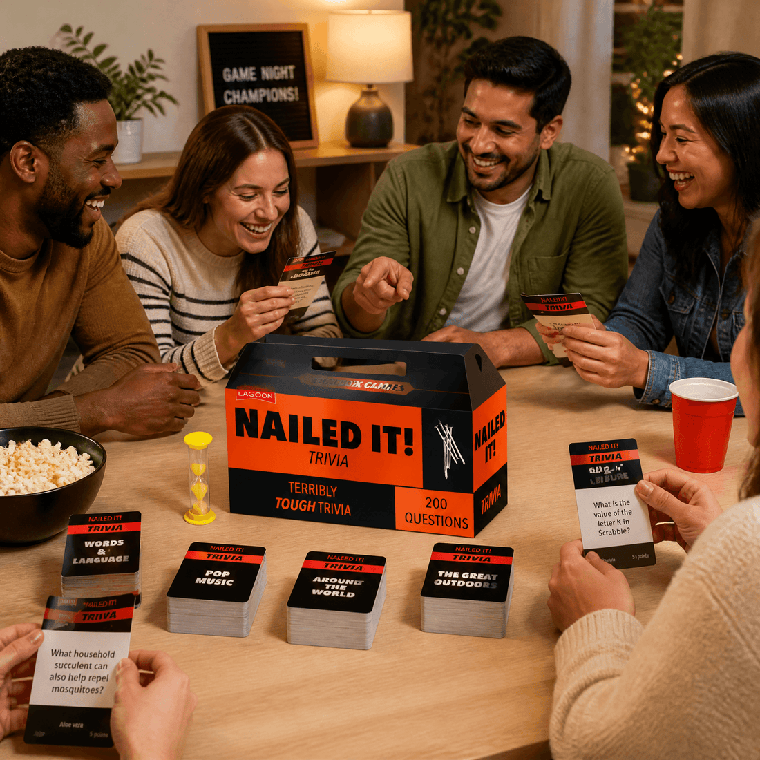 Group enjoying the Lagoon Nailed It Trivia Game with cards and laughter at a game night.