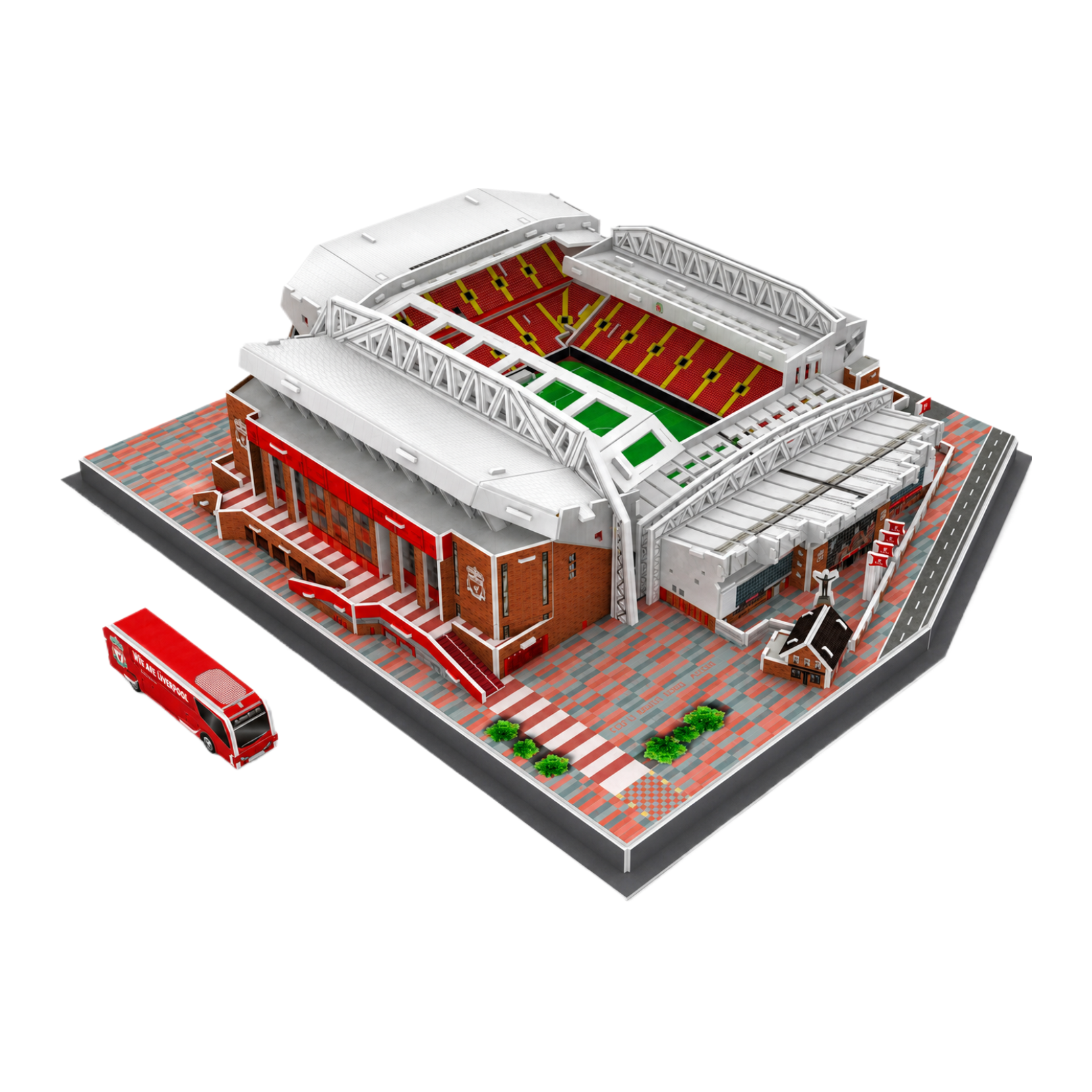 Liverpool Anfield 3D Stadium Puzzle displayed with intricate details and a mini bus for Liverpool FC fans.