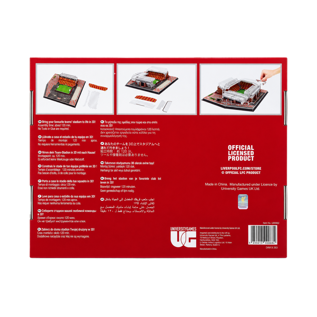Back of Liverpool Anfield 3D Stadium Puzzle box showing assembly instructions and product details.