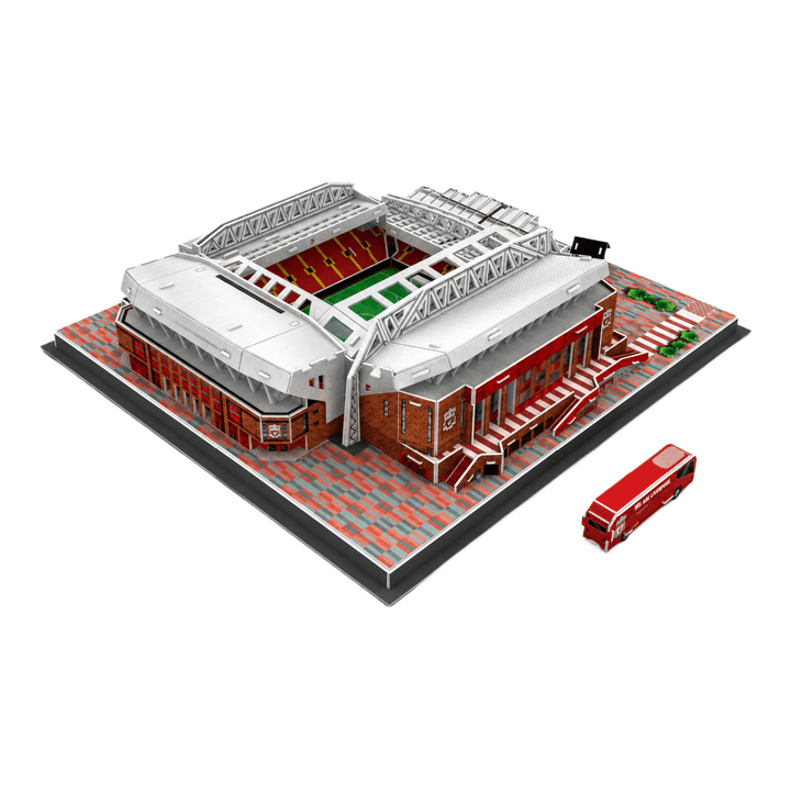 Liverpool Anfield 3D Stadium Puzzle displayed with intricate details and a model bus, perfect for Liverpool FC fans.