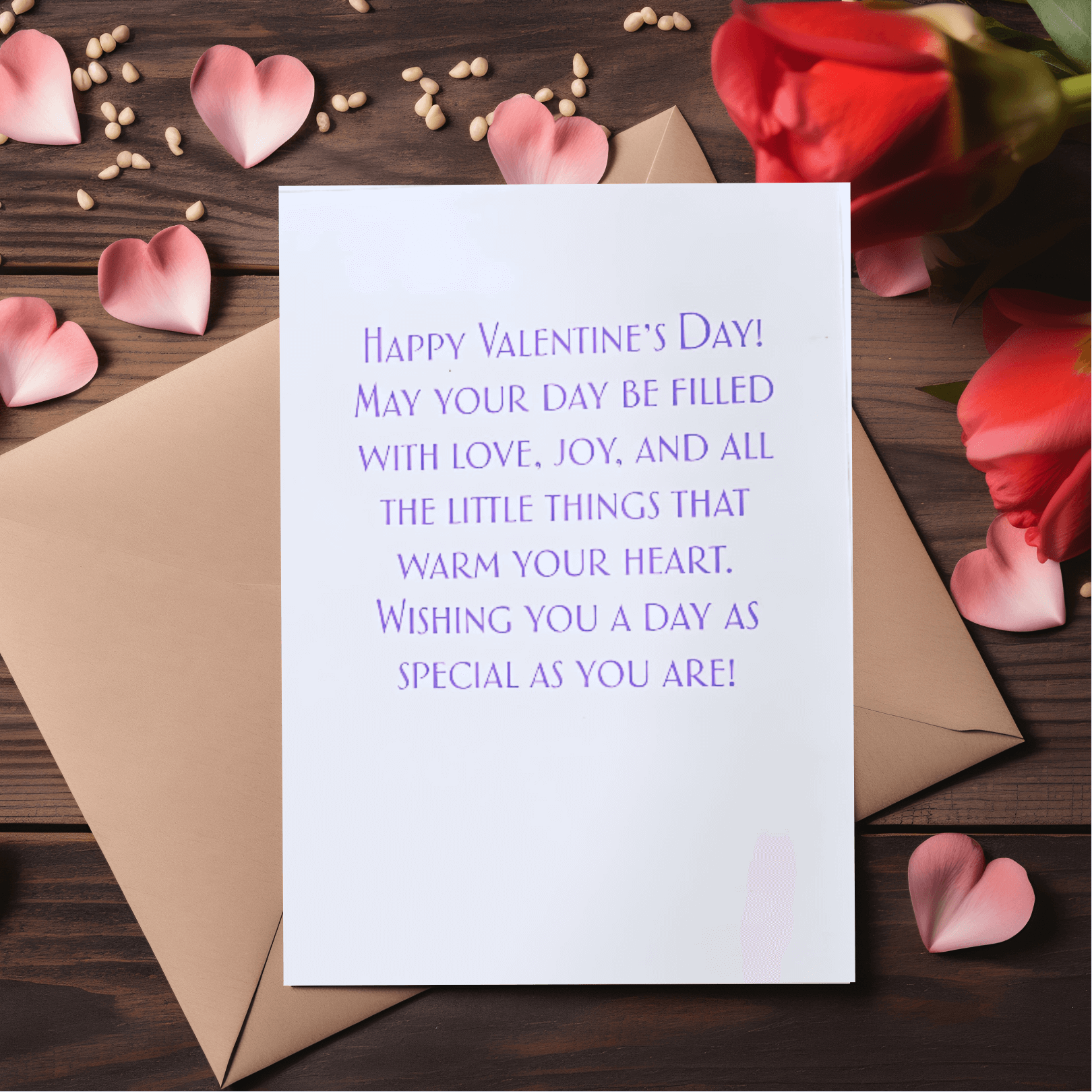 Happy Valentine's Day card on a wooden table with red roses and heart petals, featuring a heartfelt message.