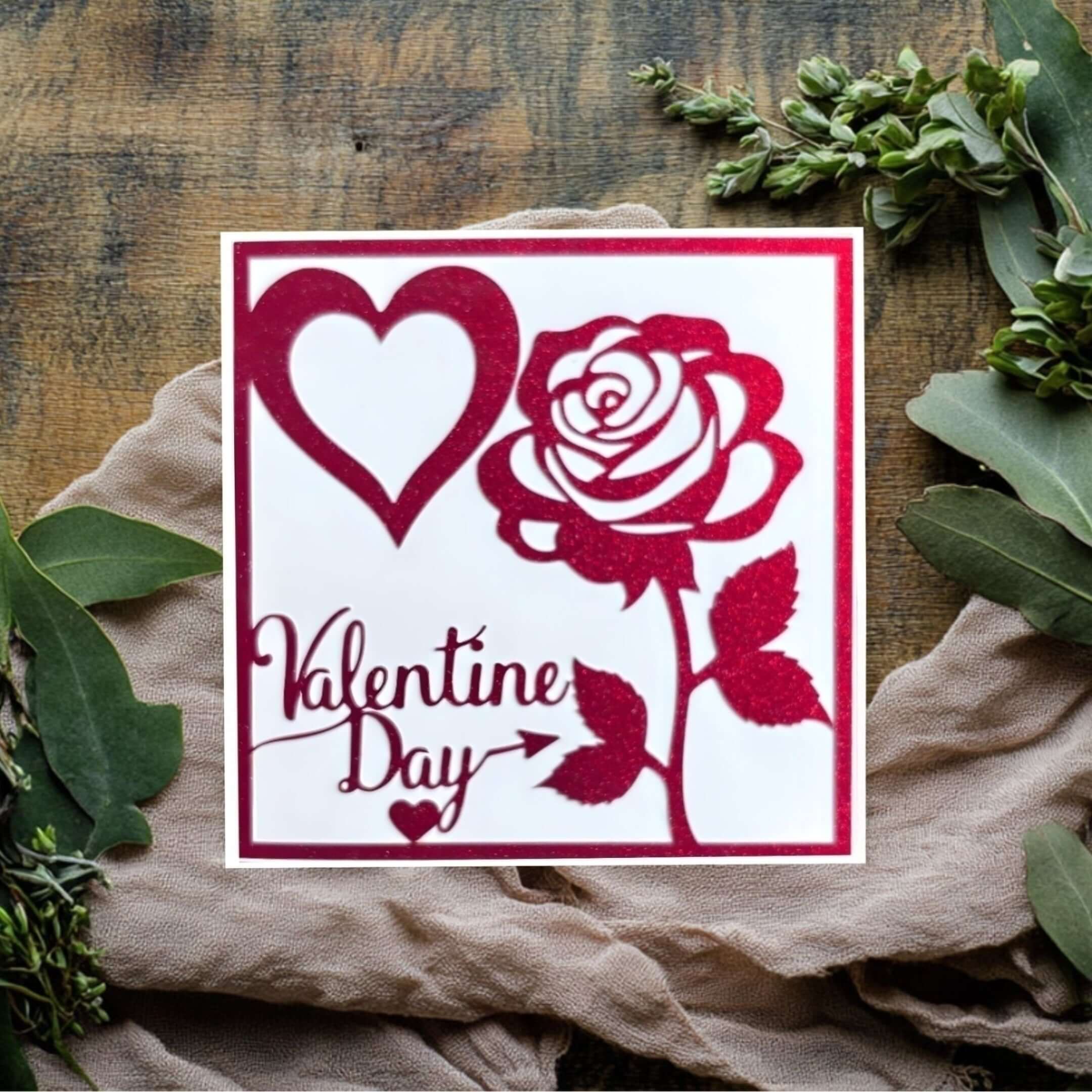 Rosy Heart Wishes Valentine's Day Card with glitter heart and rose design on white background, perfect for expressing love.