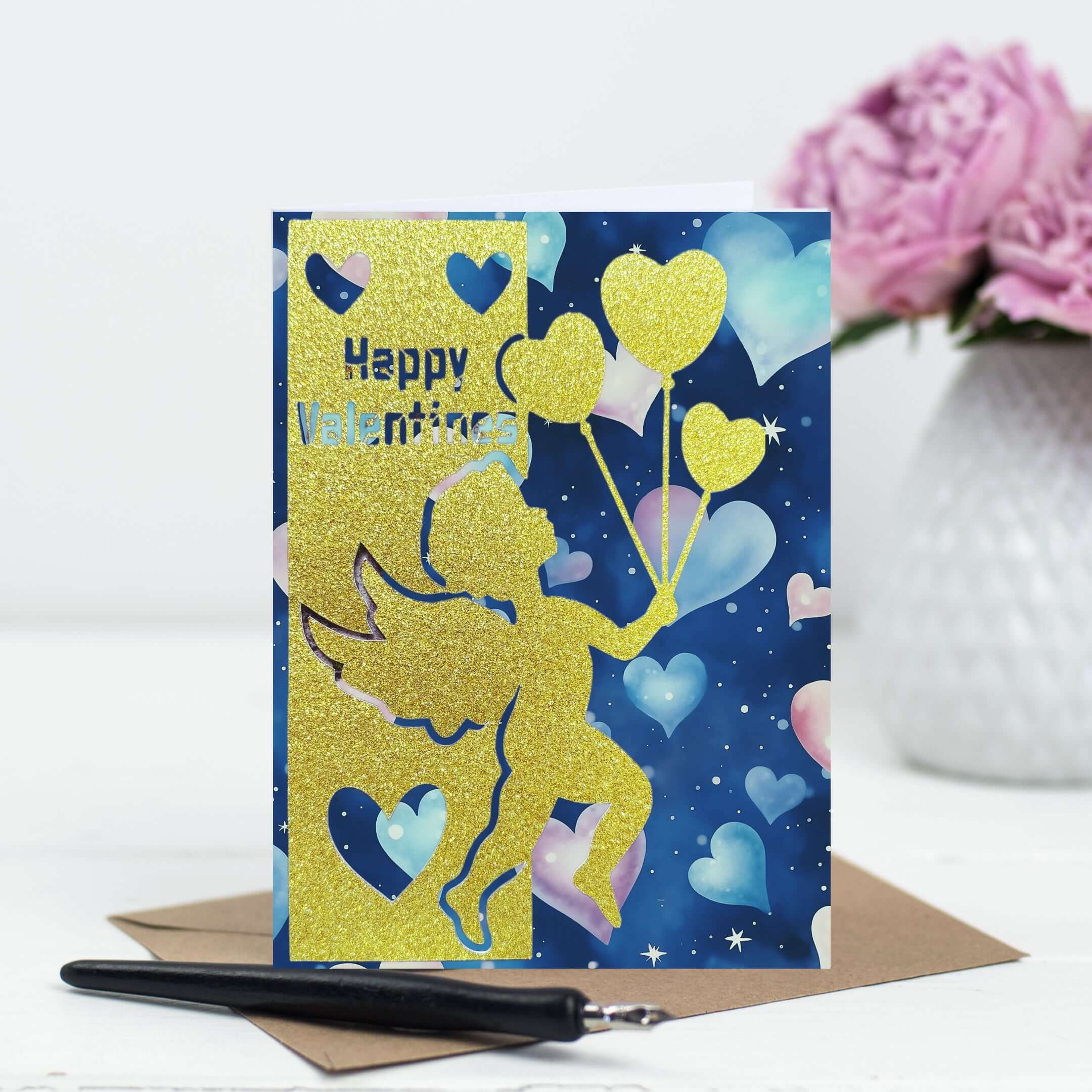 Love's Messenger Valentine's Card with glitter cupid and heart balloons on a blue background, perfect for sharing love.