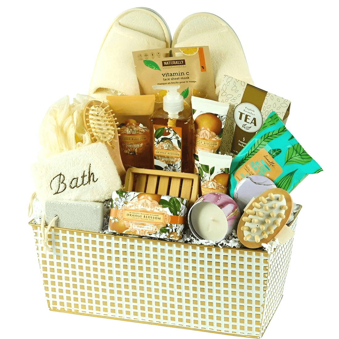Spa Dreams Gift Basket with bath essentials, slippers, tea, and relaxing products for self-care and rejuvenation.