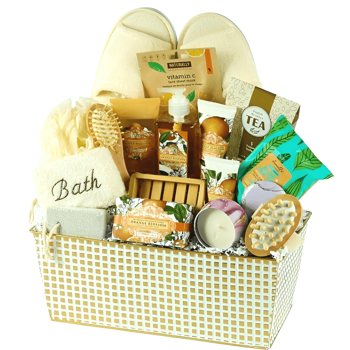 Spa Dreams Gift Basket with bath essentials, slippers, tea, and relaxing products for self-care and rejuvenation.