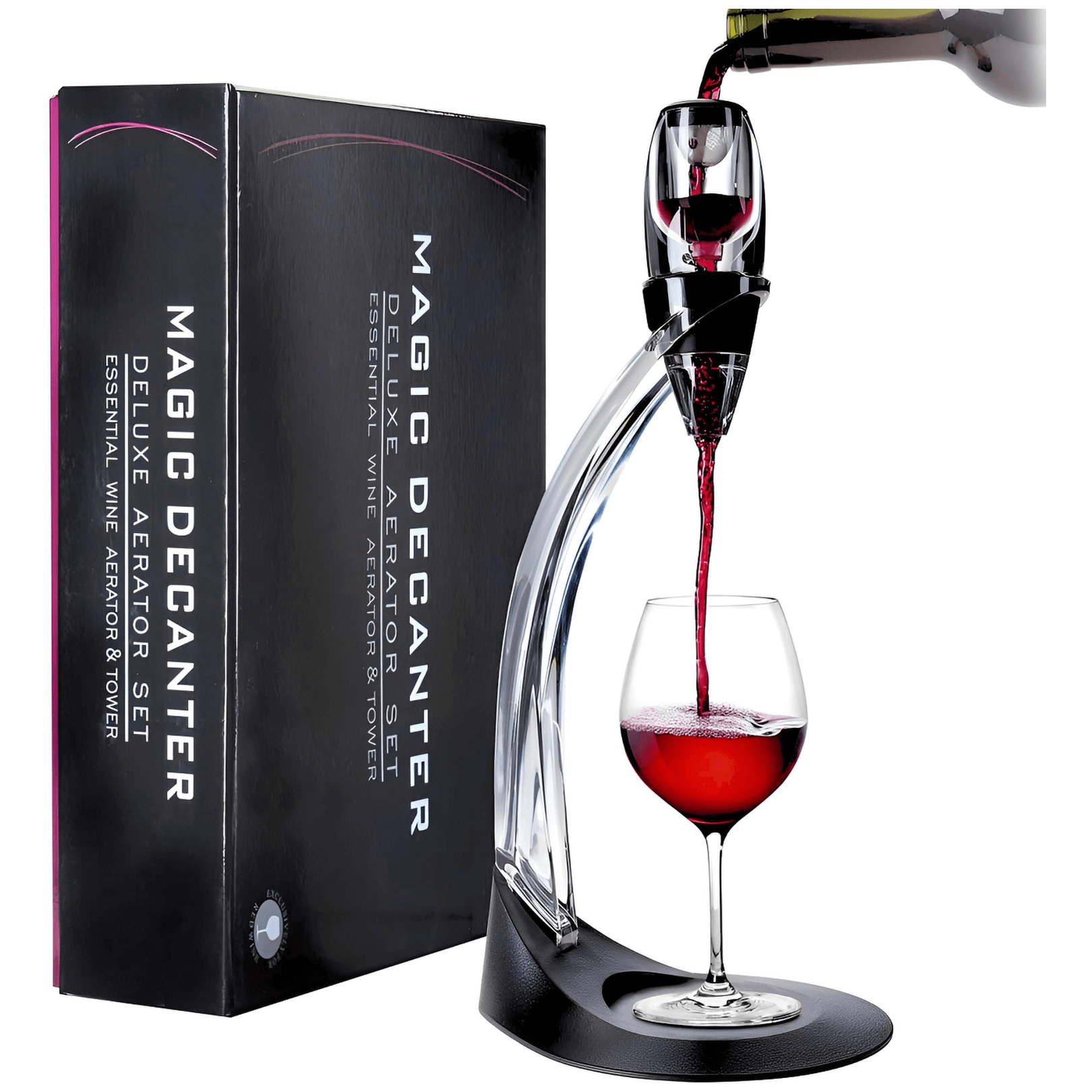 Magic Wine Decanter Set with aerator pouring wine into a glass, featuring a sleek stand and packaging.