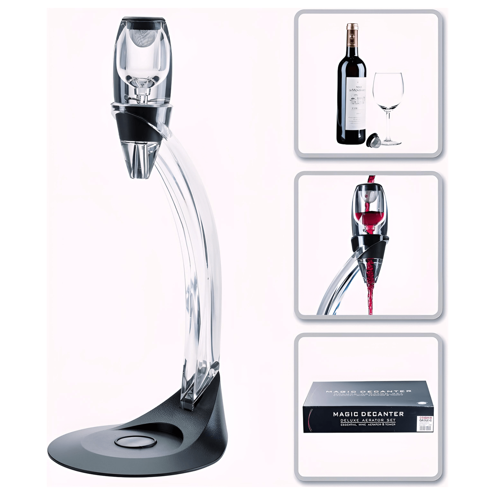 Magic Wine Decanter Set with aerator, sleek stand, and wine bottle, perfect for smooth, fast aeration.