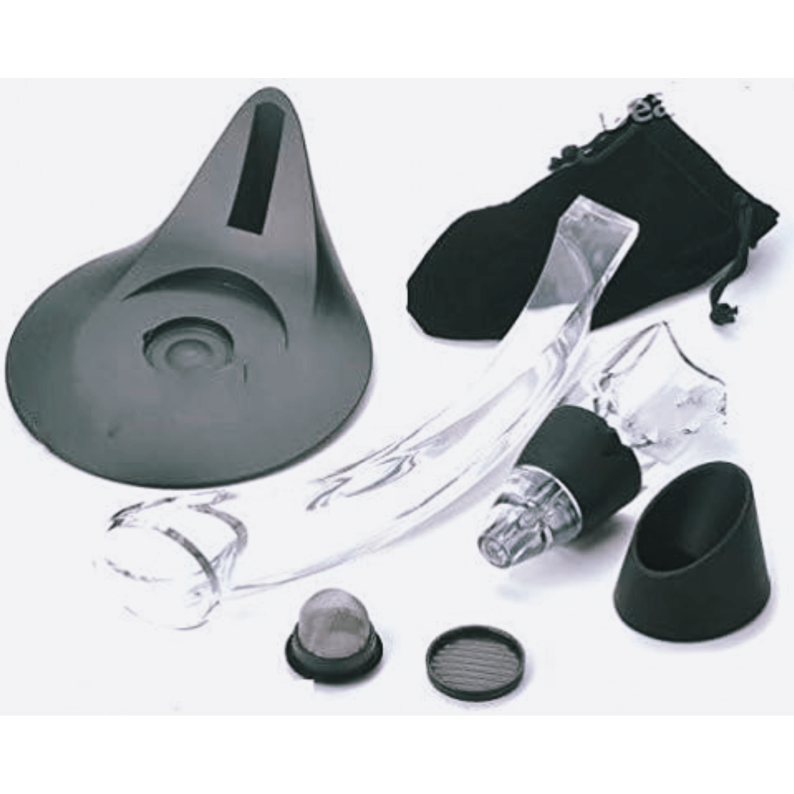 Magic Wine Decanter Set featuring large aerator, sleek stand, mini base, and travel pouch.