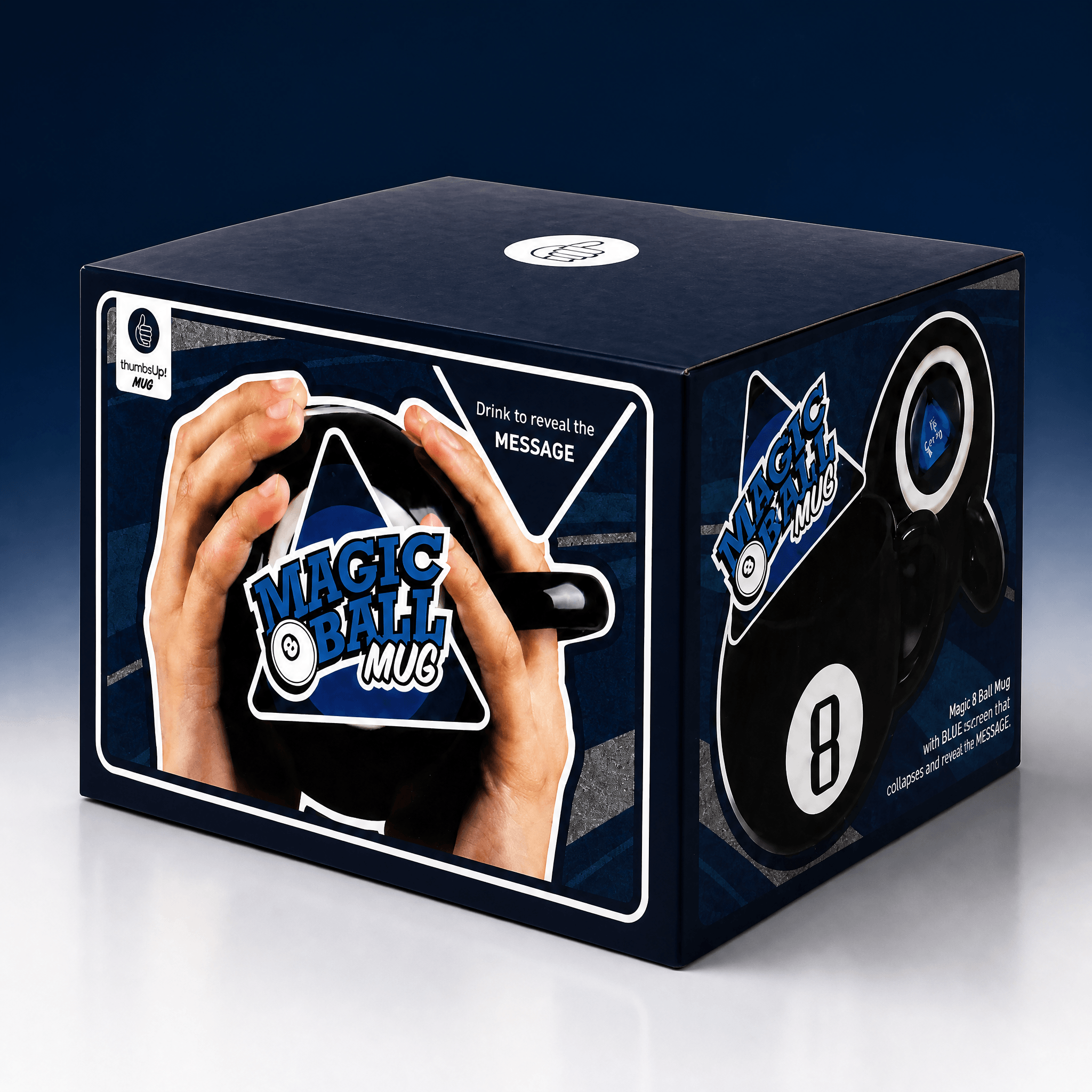 Magic 8 Ball Twat Mug packaging with hands holding the mug and blue fortune-telling design.