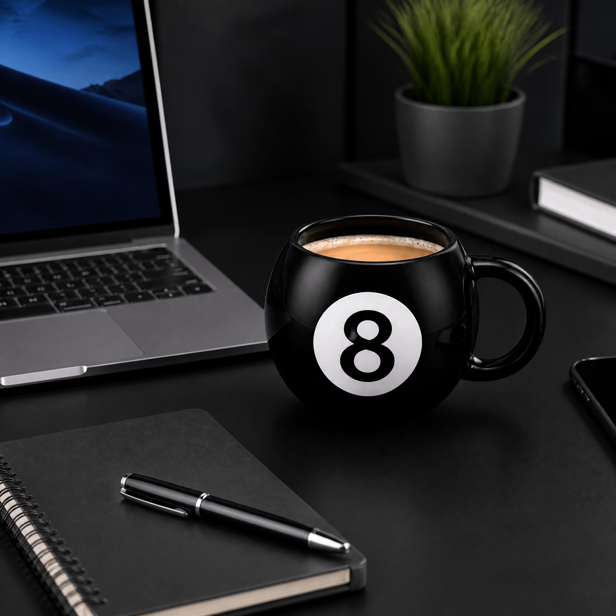 Magic 8 Ball Twat Mug on a desk with a laptop, notebook, and pen, ideal for coffee lovers and gifts.