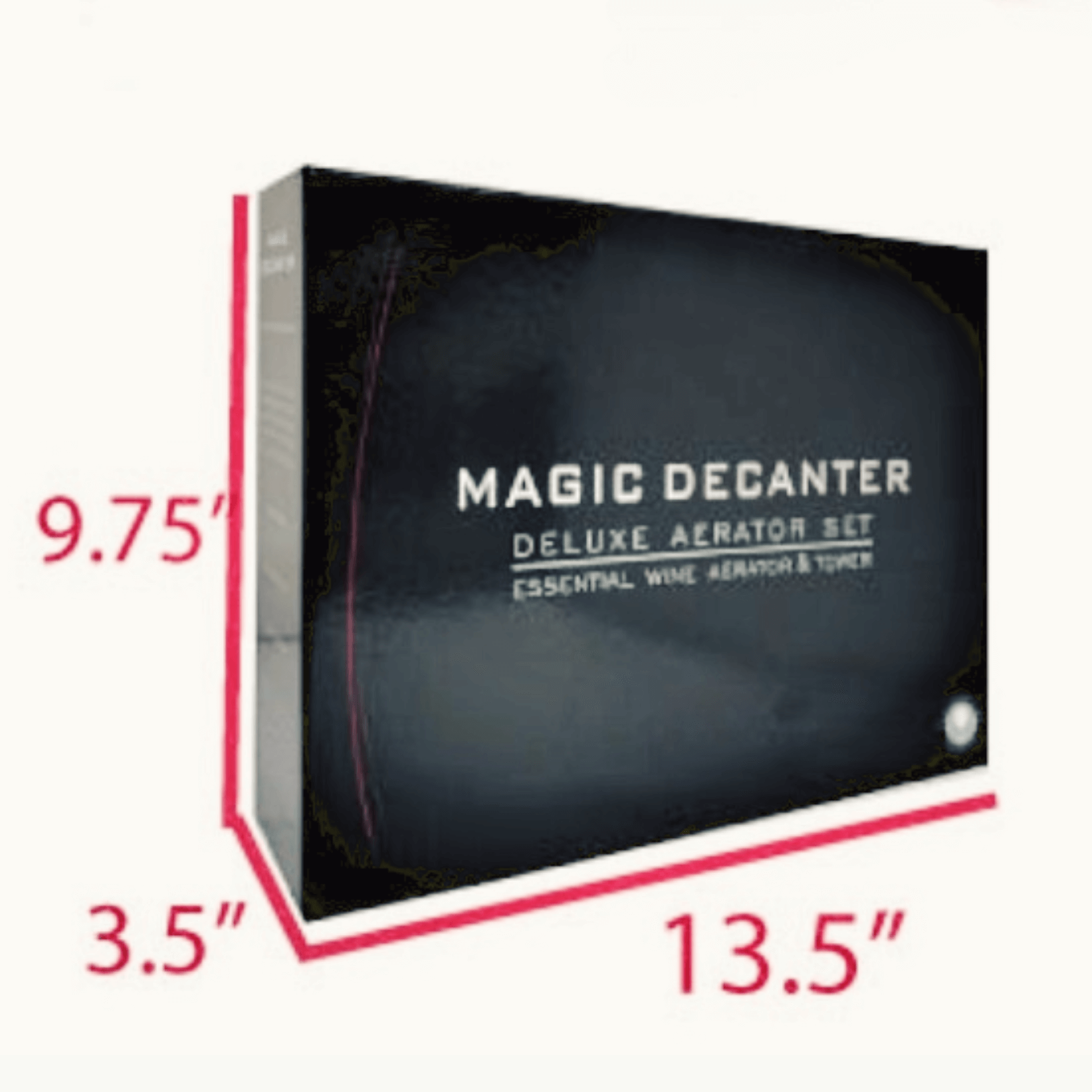 Magic Wine Decanter Set packaging dimensions 9.75 x 3.5 x 13.5 inches, showcasing deluxe aerator with stand.