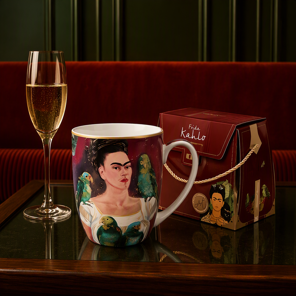 Me and my Parrots Mug featuring Frida Kahlo art with champagne and decorative packaging on a stylish table.